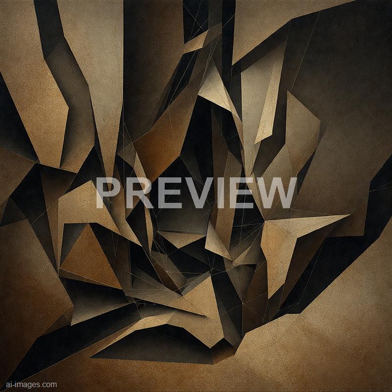 The image features an abstract geometric composition composed of various angular shapes and facets in shades of brown, beige, and black. The shapes are interconnected with fine lines, creating a complex, layered appearance that gives a sense of depth and dimensionality. The overall aesthetic is modern and textured, resembling a digital or artistic interpretation of a crystalline or mineral structure.